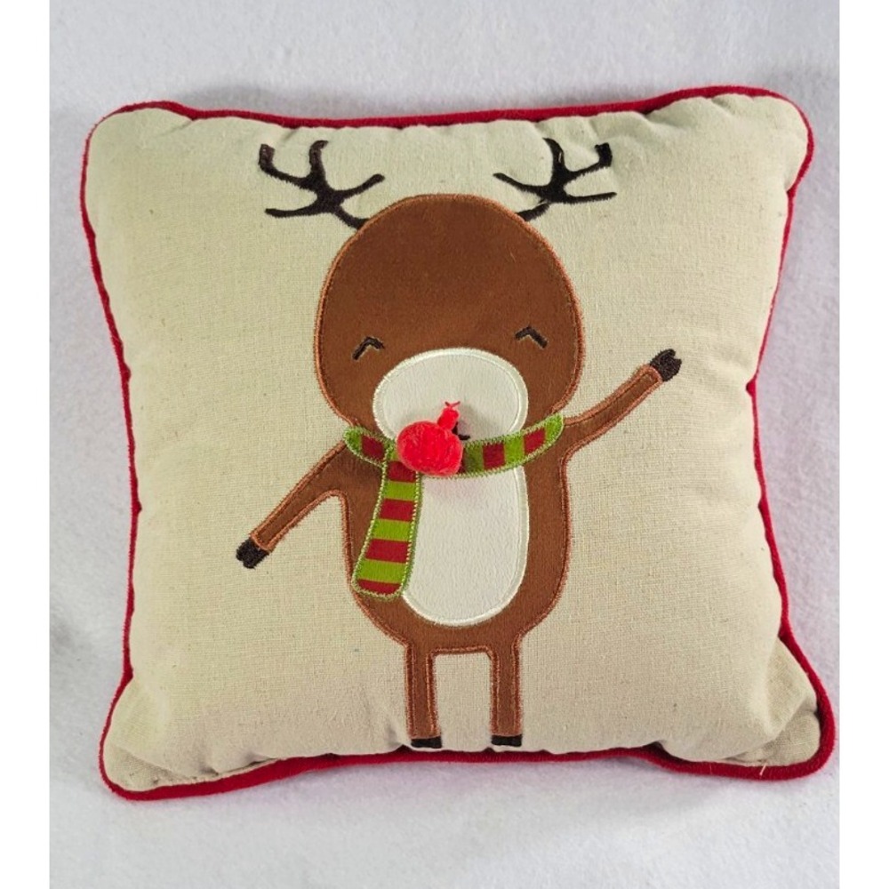 Christmas Rudolph Reindeer Embroidered Square Cushion Pillow Beige Red 10x10